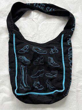 John Fluevog canvas tote shoulder bag black blue turquoise shoe print